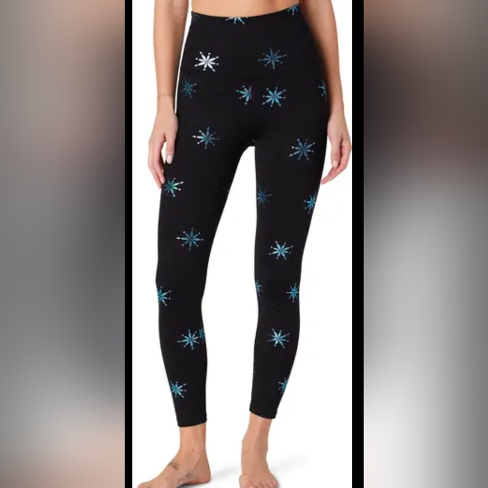 Beyond Yoga Black and Blue Snowflake Patterned Women's Leggings